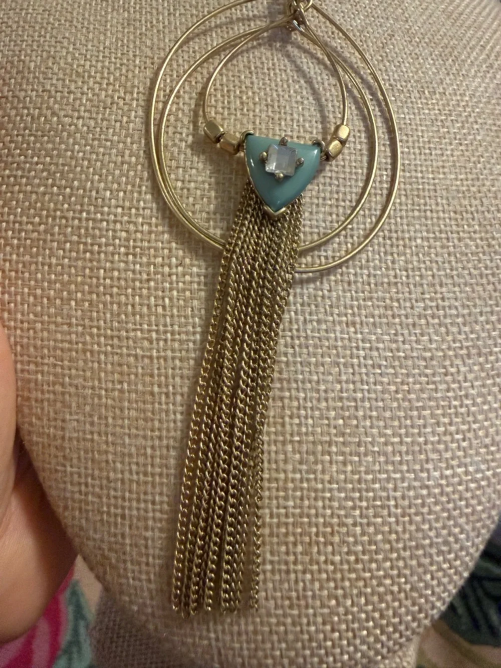 Gold-Tone Teal Triangle Pendant Tassel Necklace‎